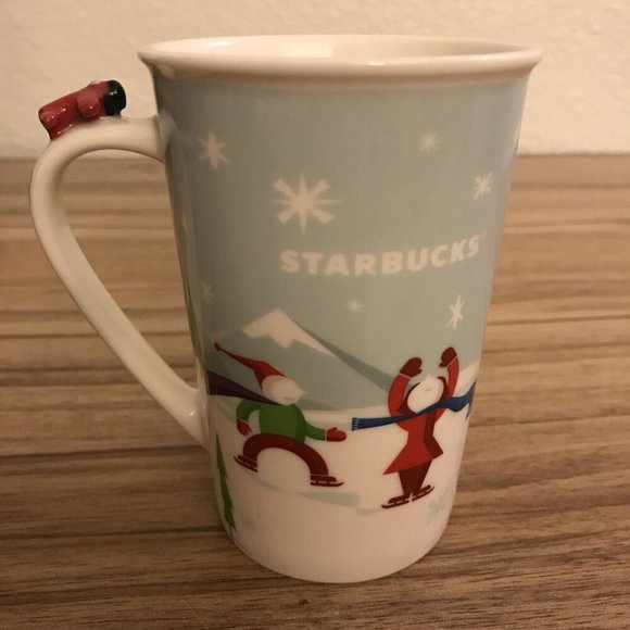 STARBUCKS 2011 SMALL MUG CUP WINTER FUN HOLIDAY ICE SKATING SLEDING RED PLANE. - Picture 3 of 5